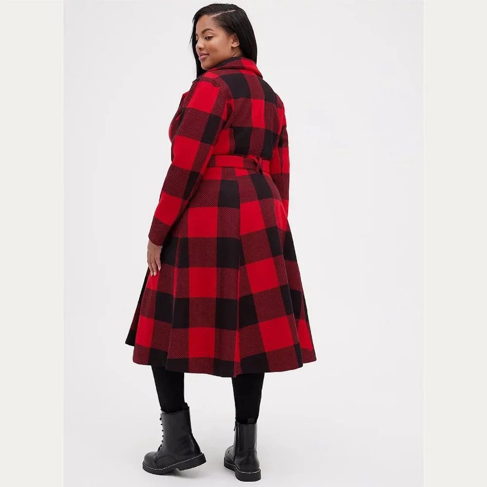Torrid SELF-TIE FIT & FLARE LONGLINE COAT - STRETCH WOVEN PLAID RED Size… - Picture 1 of 5